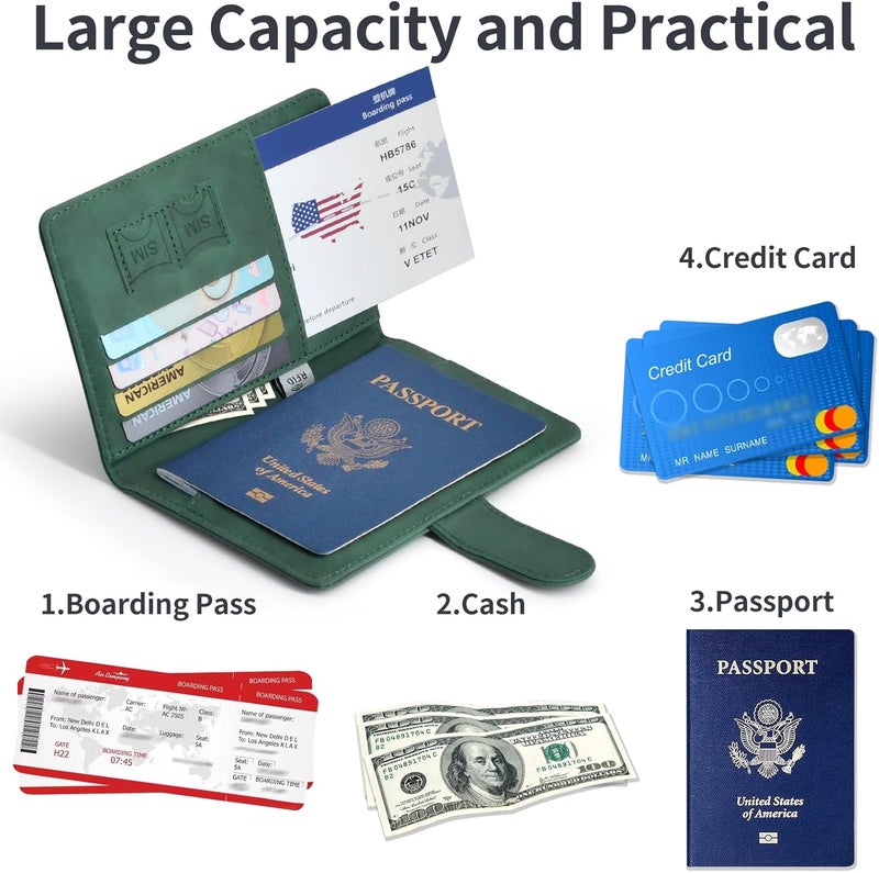 KAOBAN Passport Holder, Passport Cover with Credit Card Slot and Boarding Pass Slot Combo, Passport Wallet Case Book Travel Must Have, RFID Blocking Leather Travel Accessories, Green - Image 4